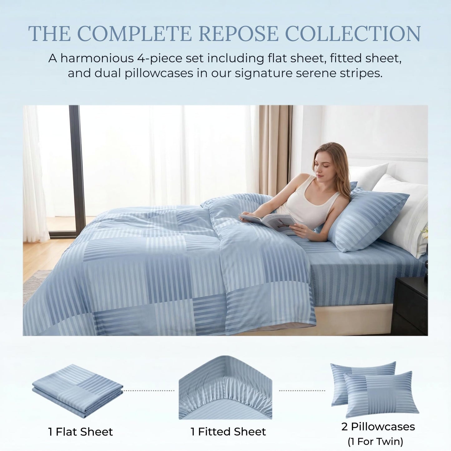 HCORA Striped Queen Sheet Set, Ultra Soft Double Brushed Microfiber Bed Sheets, Deep Pocket, Breathable, Wrinkle Resistant, Easy Care, 4PC, Queen Size