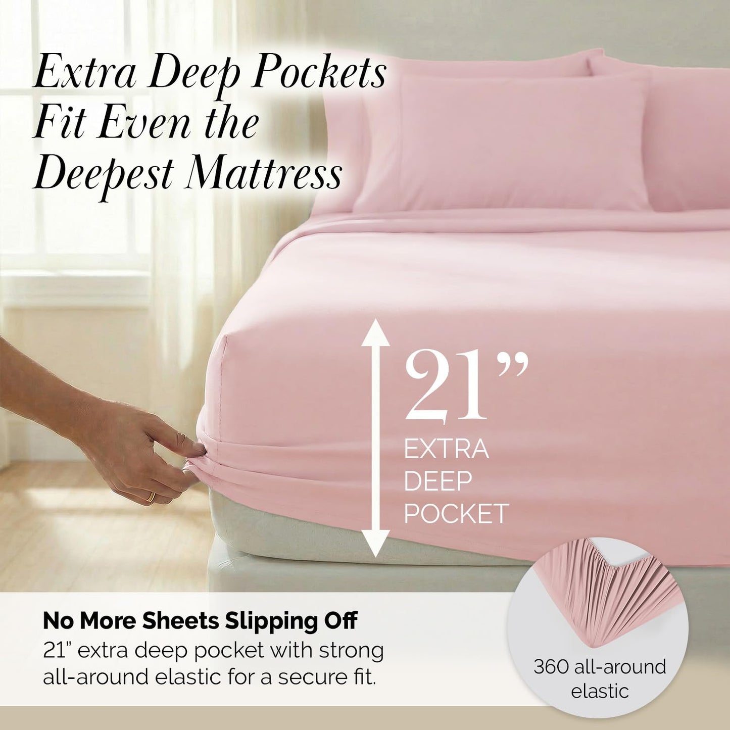Southshore Fine Living, Inc. Queen Size Sheet Set, 4-Piece, 21" Extra Deep Pocket Pleated Sheets, Queen Size | Flat Sheet, Fitted Sheet, 2 Queen Pillowcases | Soft Microfiber Bedsheets | Pink