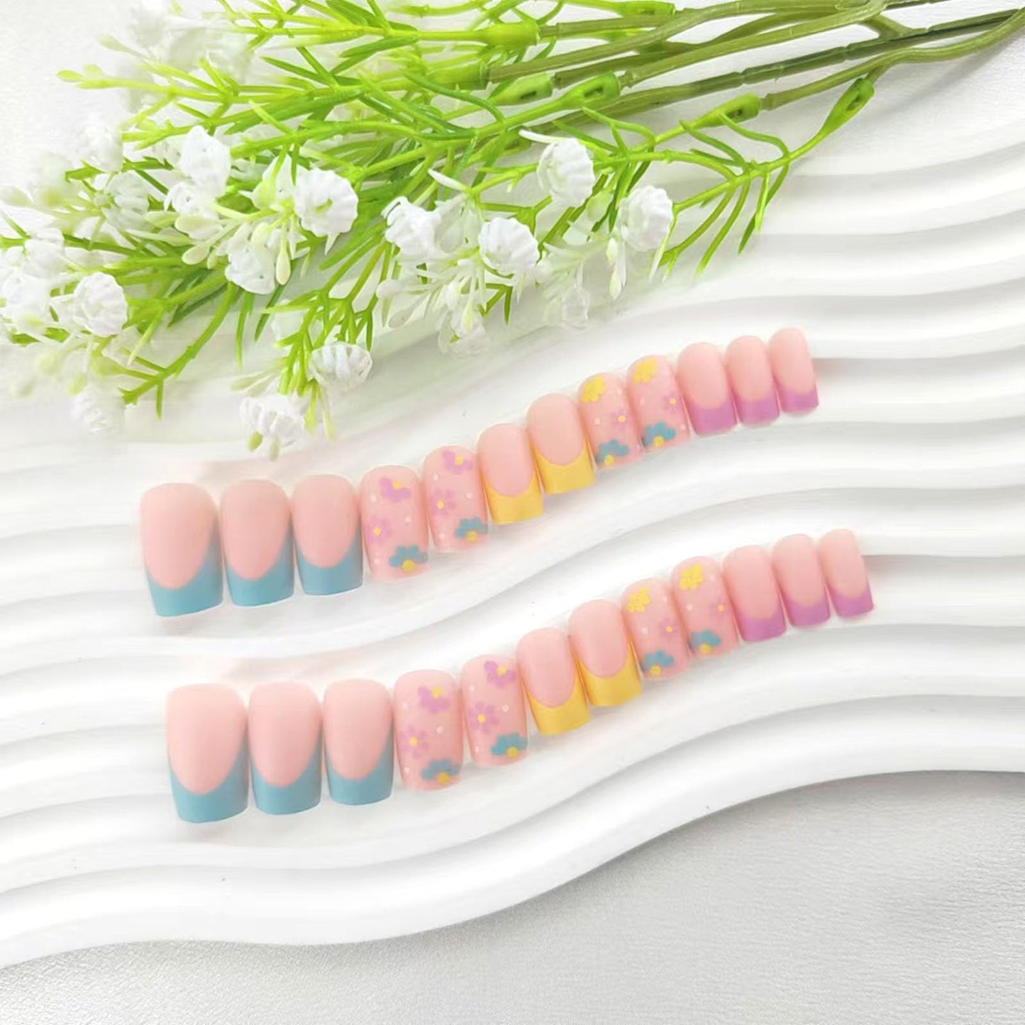 Medium Press on Nails Square French Tip Fake Nails with Flowers Design False Nails Pink Full Cover Acrylic Nails Press ons Matte Glue on Nails for Girls and Women 24Pcs