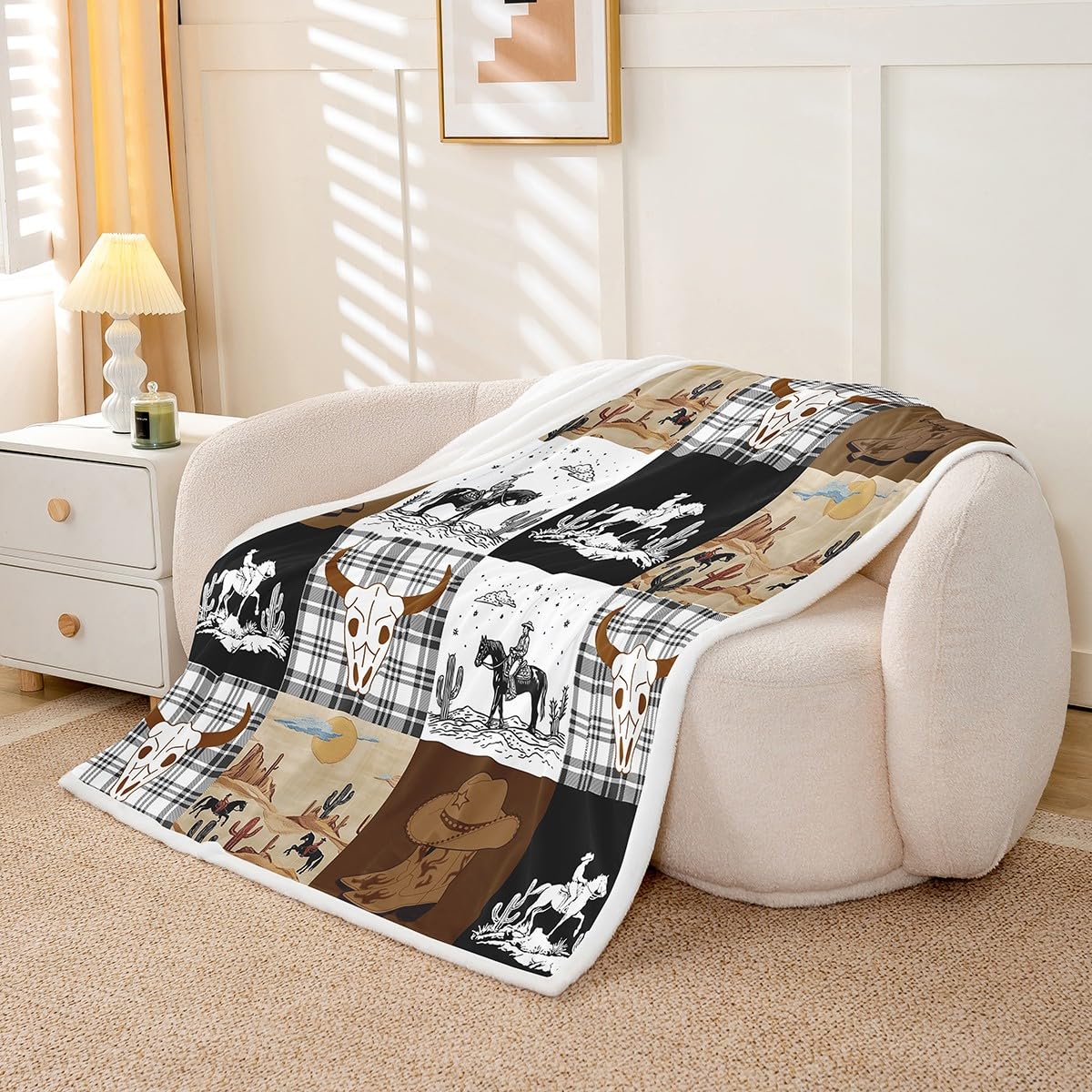 Erosebridal Boho Skull Bull Horse Sherpa Blanket Twin Size, Western Cowboy Fleece Blanket, Exotic Geometric Grid Patchwork Fuzzy Plush Throw, Southwestern Rustic Farmhouse Decor for Sofa Couch