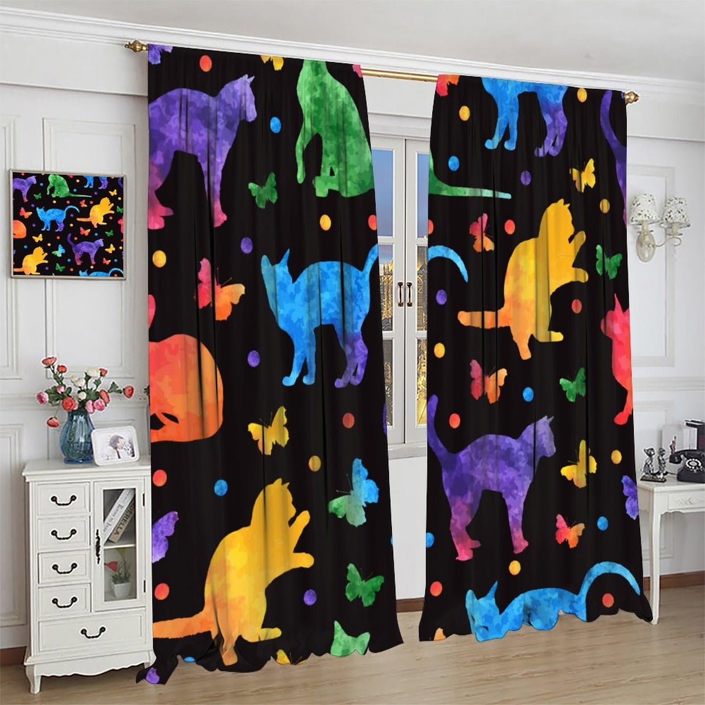 JADERYS Cat Blackout Curtains Colorful Cartoon Funny Animal Butterfly Cat Silhouette Black Kids Girls Boys Bedroom Living Room Rod Pocket Decoration Window Drapes 2 Panels W21xL45in