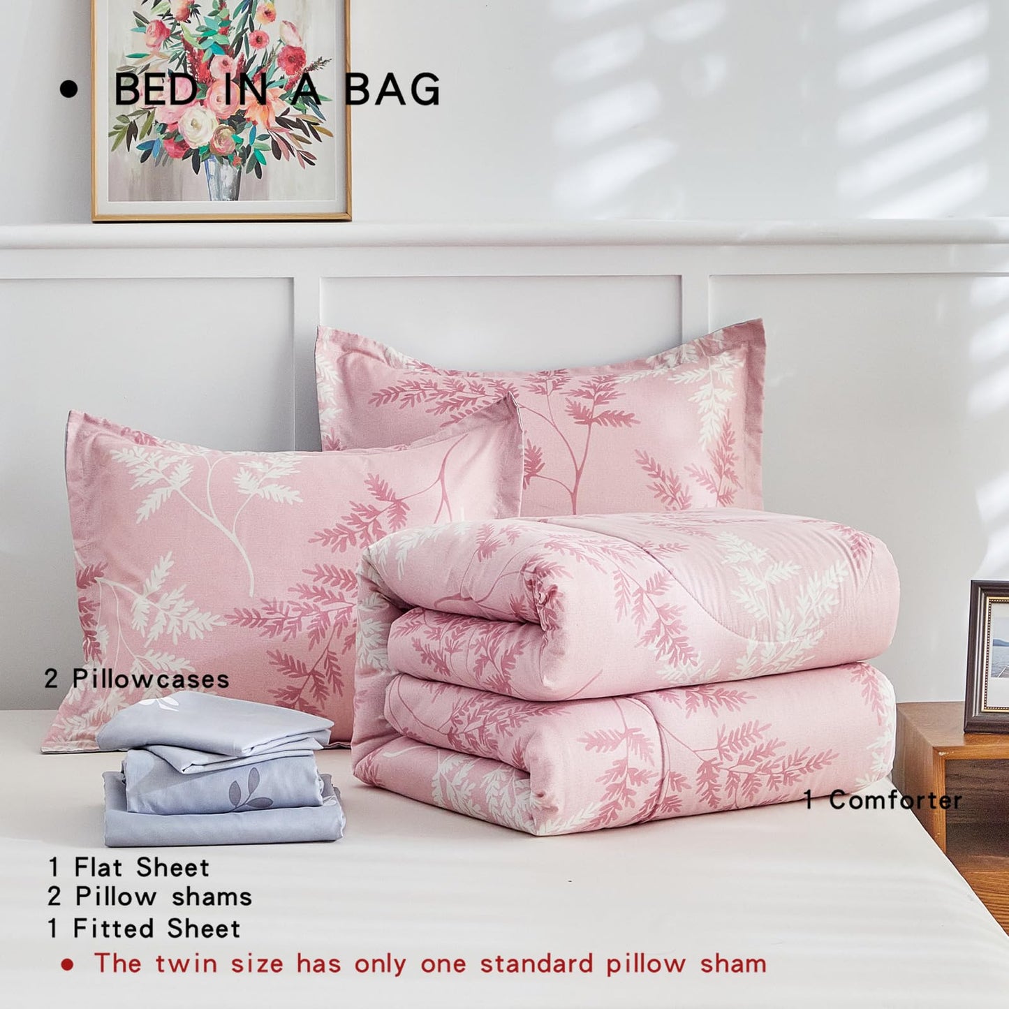 AIKASY Pink Queen Comforter Set with Sheets,Bed in a Bag 7-Pieces,Palm Tree Totem Printing Design,Ultra Soft Down Alternative All Season Bedding Set(Queen, Pink)