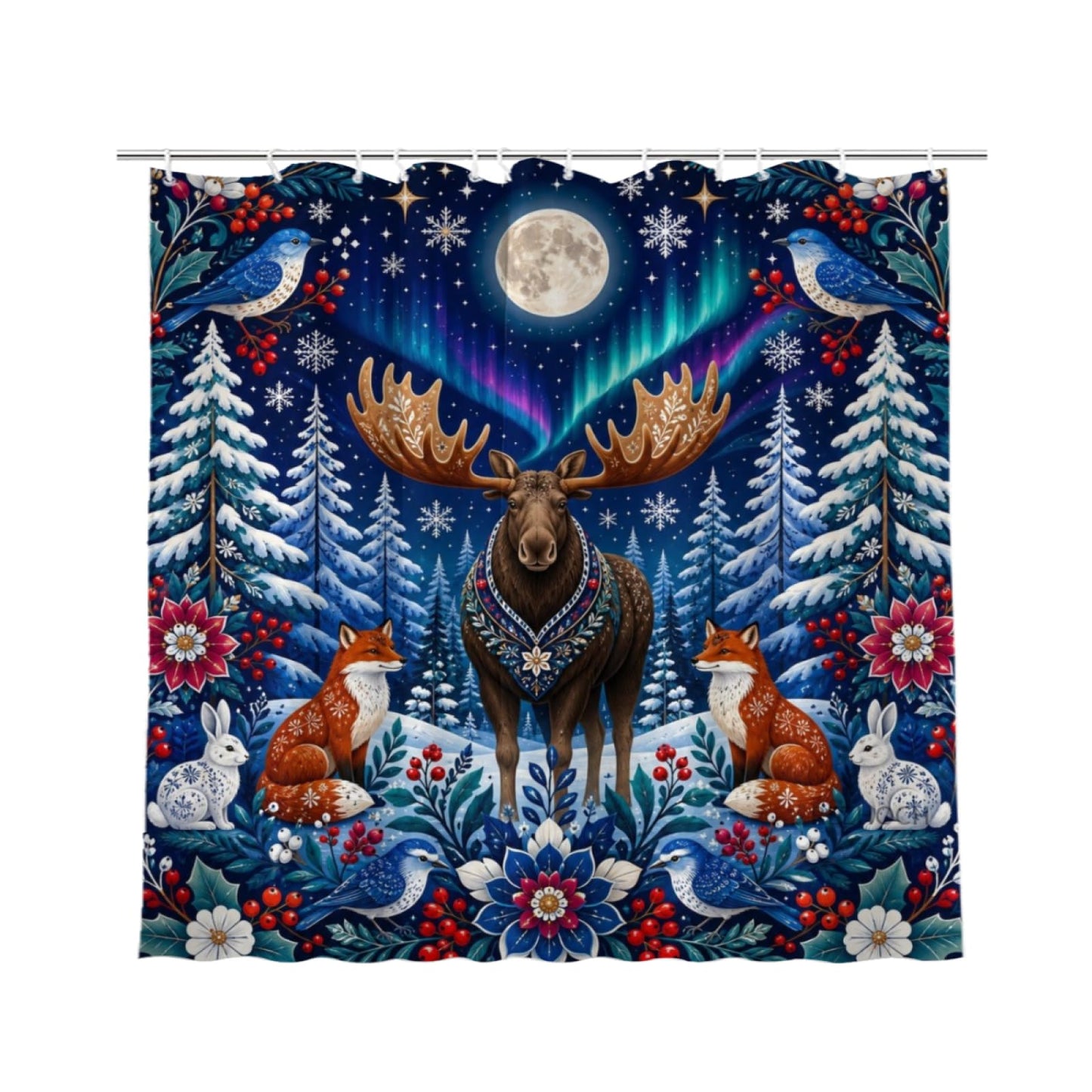 REZHOCH Moose Forest Shower Curtain 72x72 Inch, Aurora Night Moose Fox Rabbit Snowflake Woodland Floral Art Bathroom Decor, Rustic Wildlife Bath Set with Hooks