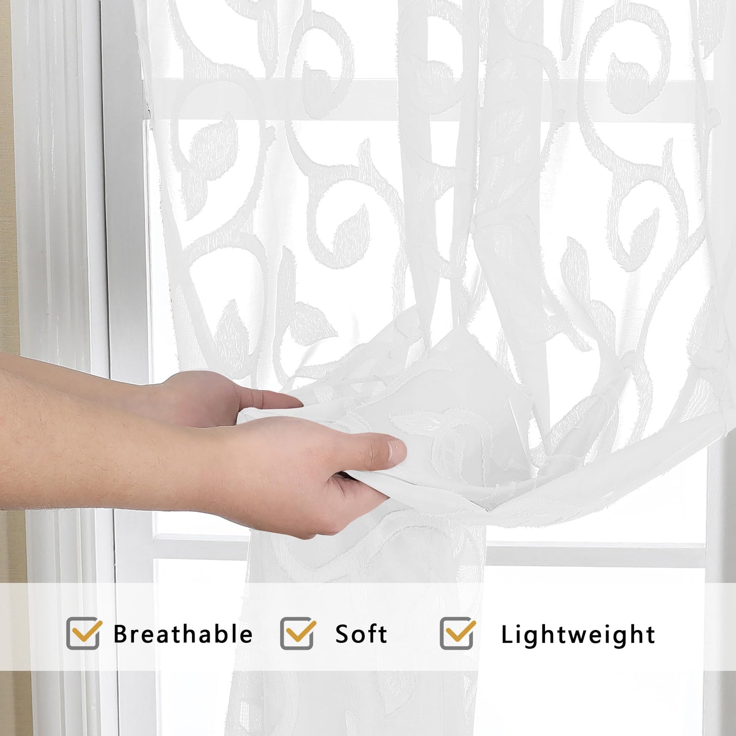 OWENIE Furman Sheer White Curtains 84 inches Long for Bedroom Living Room 2 Panels Set, White Curtains Jacquard Clip Light Filtering Semi Sheer Curtain Rod Pocket Window Drapes, 2 Pcs Each 40 W 84 L