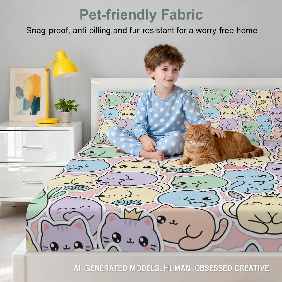 ARIGHTEX Cute Cat Fitted Sheet Set Twin Size, 3 Pieces Cozy Kawaii Bedding for Stress Relief Sleep, Pastel Cartoon Kitty Microfiber Deep Pocket Bed Sheets with 2 Pillowcases (No Flat Sheet)
