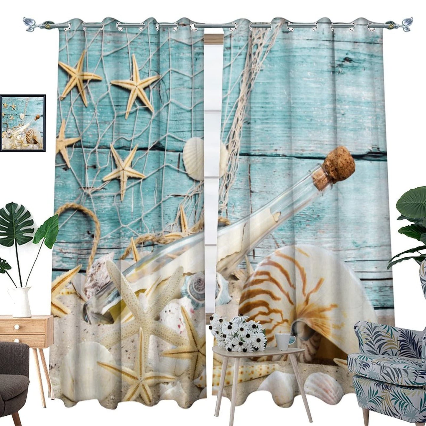 Kazynee Vintage Nautical Beach Theme Room Darkening Blackout Window Curtains with Grommets,Abstract Ocean Beach Fishing Net Starfish Theme Energy Efficient Window Treatment 2 Panels 45L x 21W