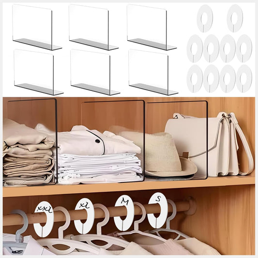 Closet Organization Set, 10 Pack Closet Dividers for Hanging Clothes + 10 Pack Clear Acrylic Shelf Dividers, Wardrobe Organizer for Clothes, Sweaters, Handbags, Towels & Nursery Storage