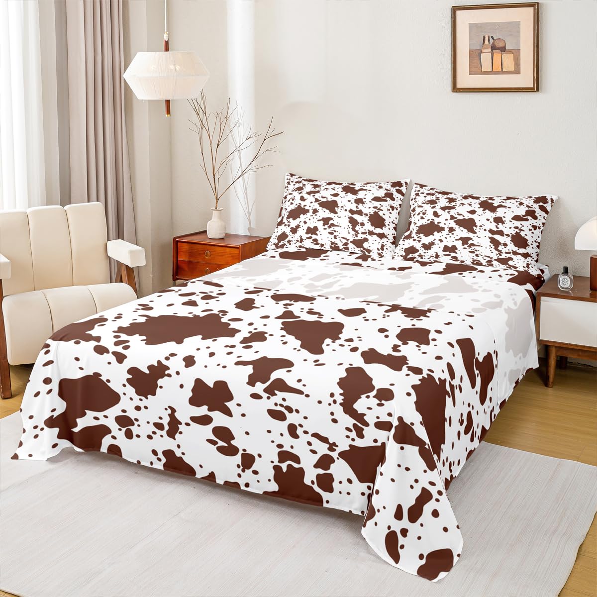 Erosebridal Cow Fur Print Bed Sheets Queen Size White Brown Cowhide Sheet Set 4Pcs for Kids Boys Room Decor Animal Skin Print Flat Sheet Farmhouse Cow Print Fitted Sheet with 2 Pillowcases