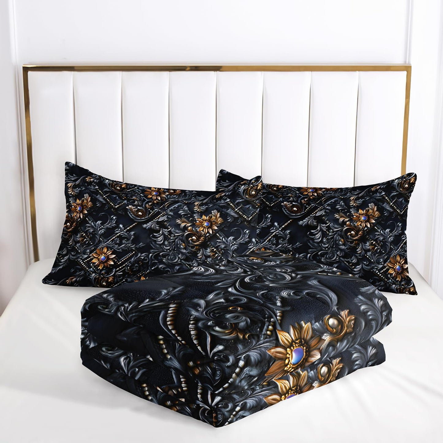 lneffble Black and Gold Floral Comforter Queen Set，Victorian Gothic Bedding Set Queen，with 1 Comforter with 2 Pillow Case，Floral Bedroom Decor Black