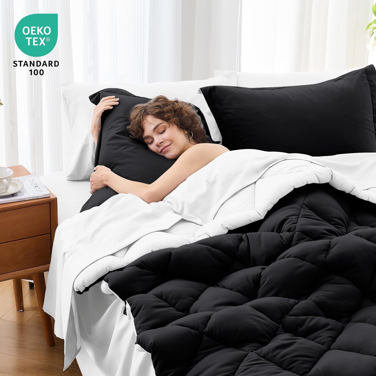 MUXHOMO 7 Pieces California King Comforter Set, Reversible Bed in a Bag Cal King Size, All Season Bedding Set with Comforter, Flat Sheet, Fitted Sheet, Pillowcases & Shams, Black & White