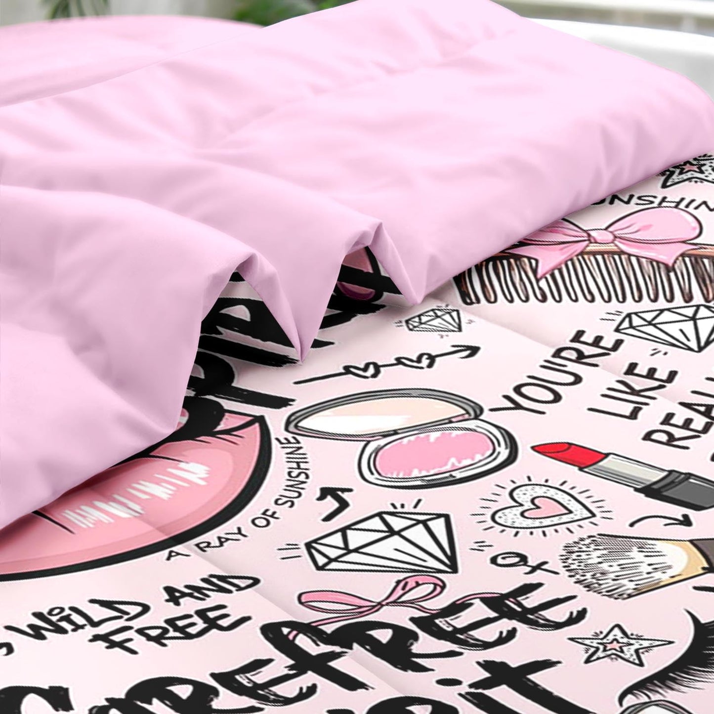 Pamnest Comforter Set Queen Size, Makeup Pink Queen 7 Pcs Bedding for Kids and Adults, Women Diamond Cute Bed Sheet Sets with Fitted Sheet 2 Pillowcases & 2 Shams for Bedroom Bed Decor