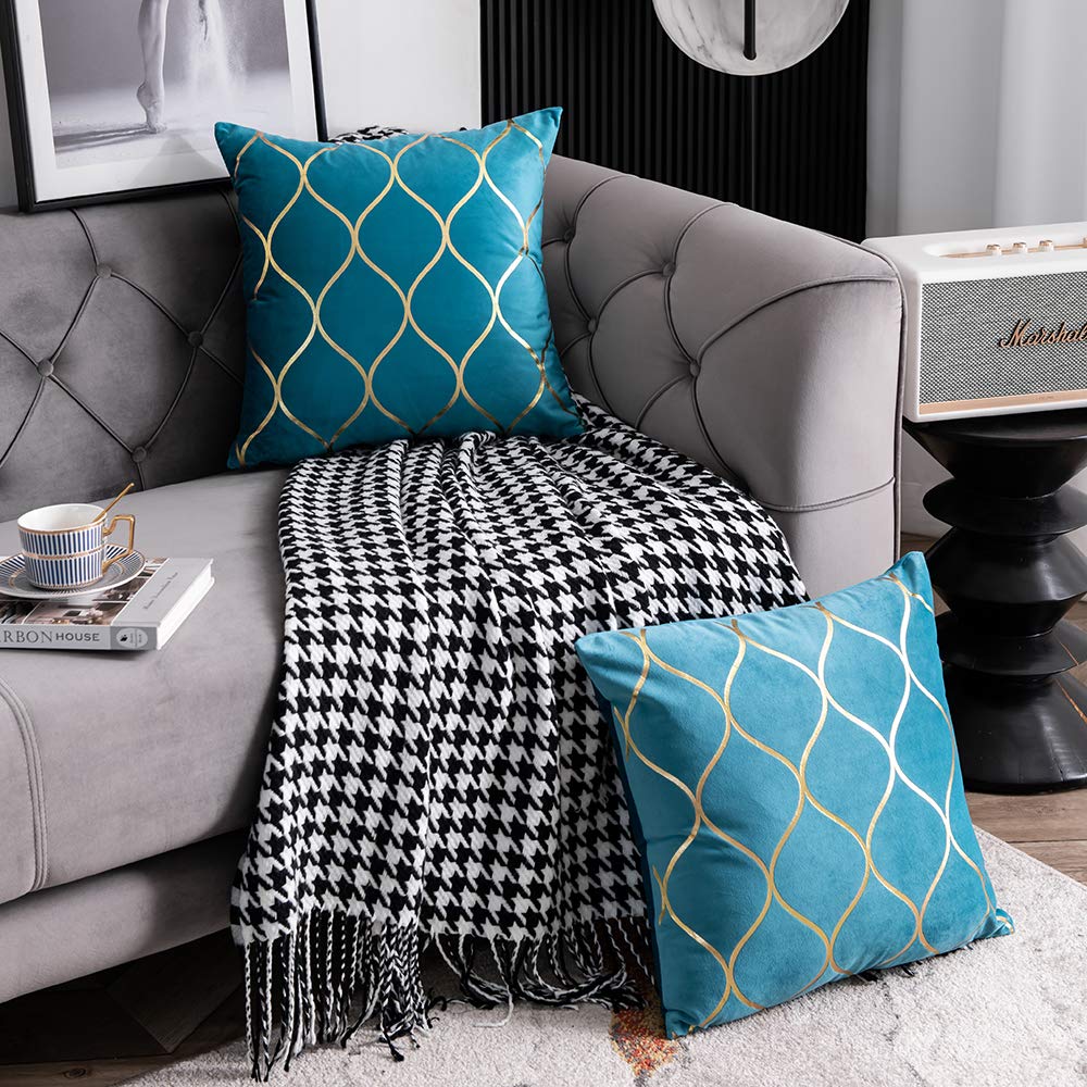 DEZENE 20x20 Inch Gold Velvet Throw Pillow Covers: 2 Pack Square Decorative Pillow Cases for Bedroom Sofa Couch Living Room, Turquoise