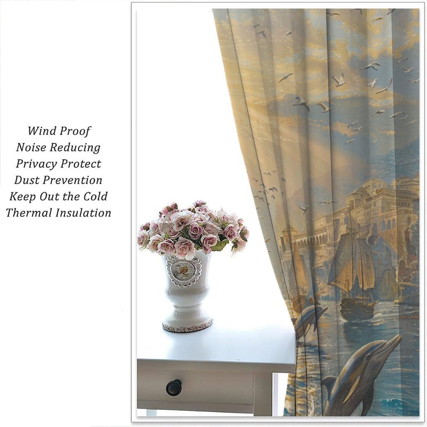 TOWINSFB Cute Dolphin Sailboat Blackout Curtains for Bedroom Living Room, Vintage Building Ocean Pirate Ship Thermal Insulated Room Darkening Curtain - 42" W x 45" L