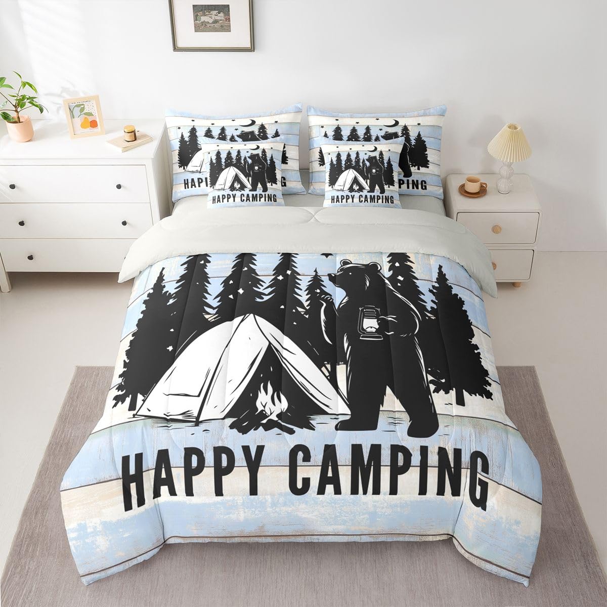 Erosebridal Happy Camping 7 Pieces Bedding Set Twin,Camping Lover Bed in a Bag,Cabin Funny Bear Bed Set Includes Comforter,Sheet Set,Pillowcases & Pillow Covers,Blue Beige Wooden Plank Bedroom Decor