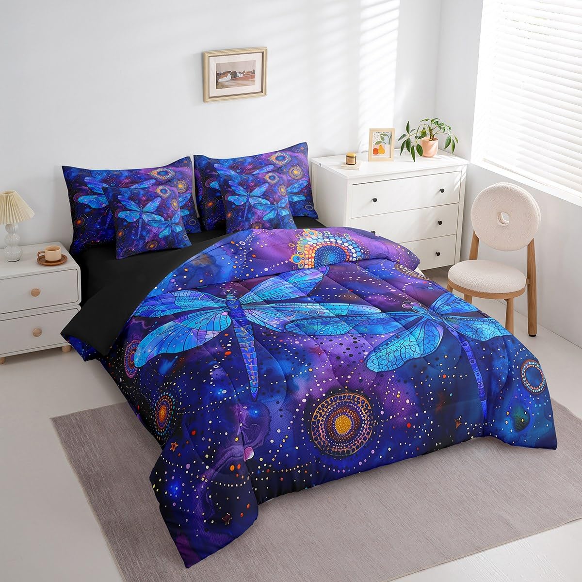 Erosebridal Boho Dragonfly Comforter Set Queen,Trippy Flying Wildlife Bedding Set 7Pcs,Bohemian Tribal Mandala Bed in a Bag for Kids Girls Women,Blue Purple Starry Sky Quilt