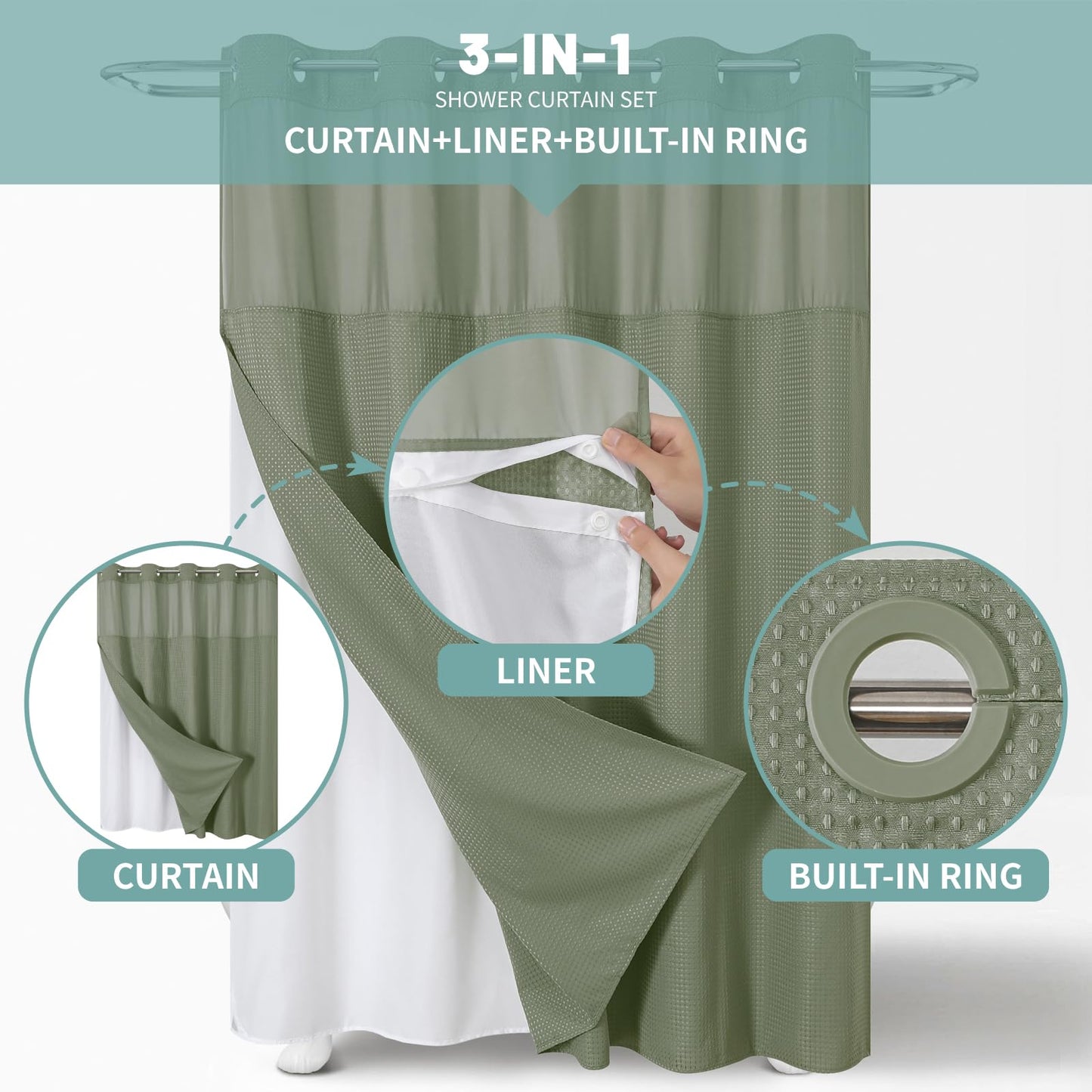 eachope SageGreen Extra Long No Hook Waffle Weave Shower Curtain with snap-in Liner Replacement, 230GSM Waterproof Fabric Hotel Shower Curtain Set for Bathroom, Through Mesh Top Window,71Wx98H