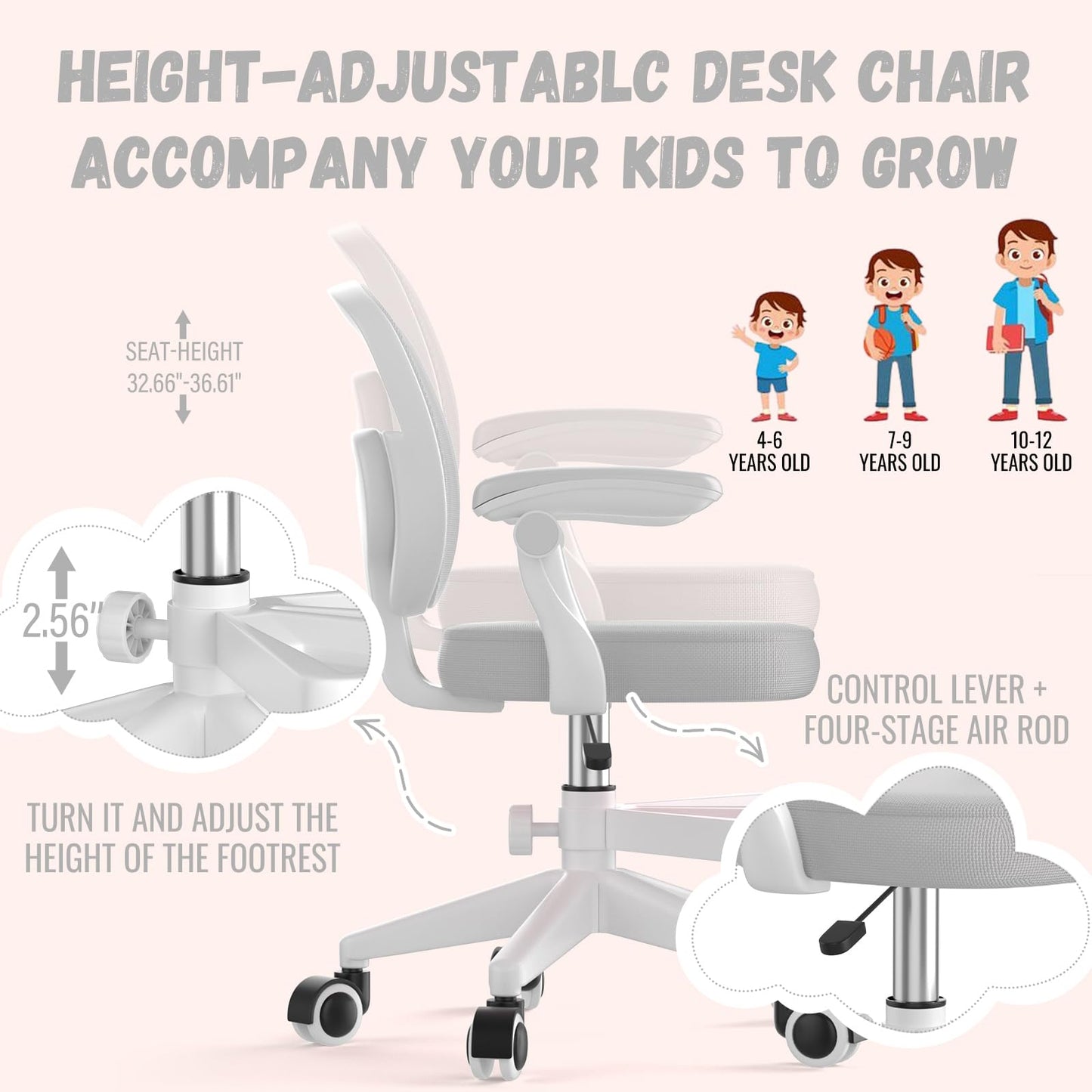 Ergonomic Kids Desk Chair 4-12, Adjust Height Children Study Computer Chair