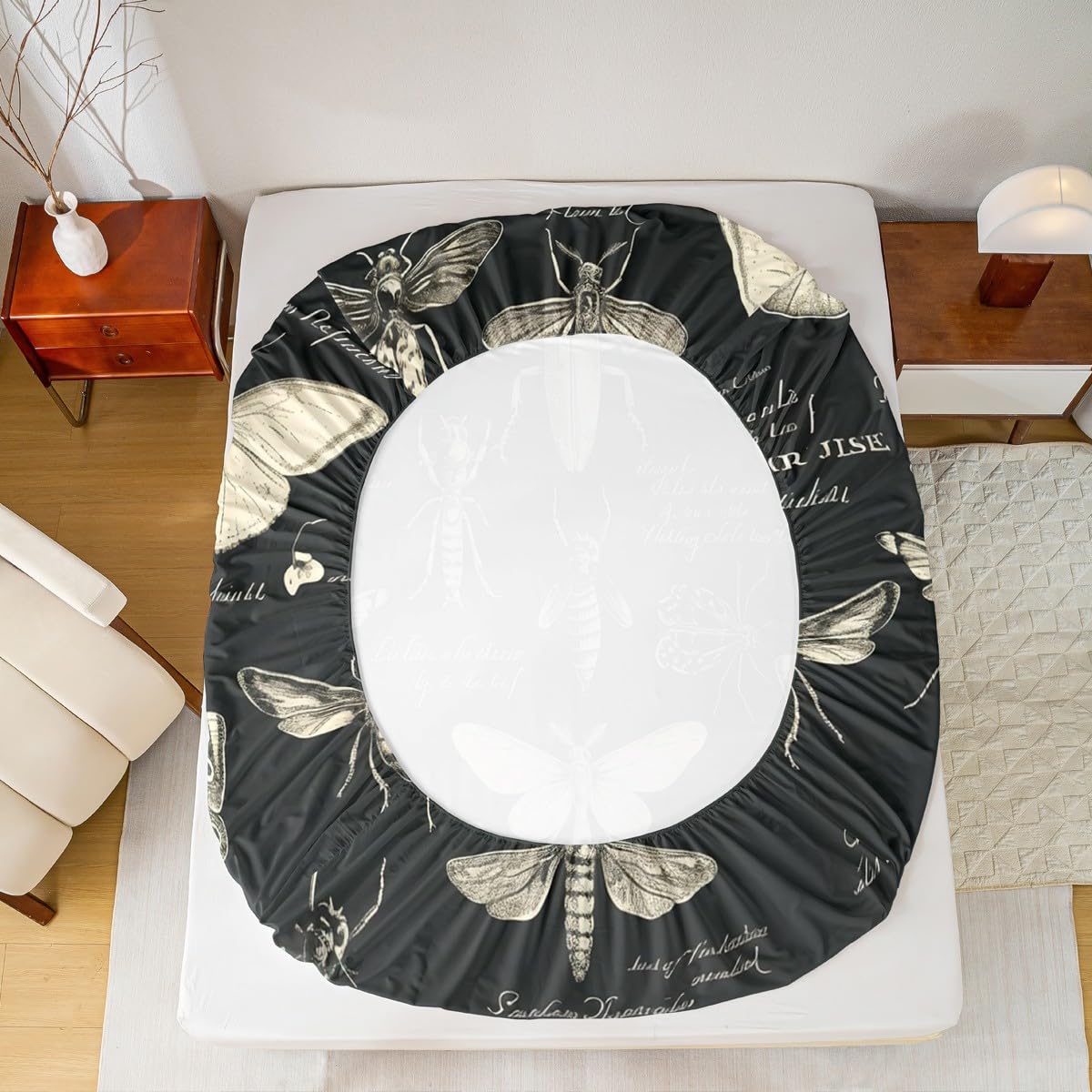 Butterfly Moth Insects Fitted Sheet Full Size,Bug Beetles Entomological Bed Sheet for Kids Boys Teens Men Bedroom Decor,Nature Animal Bedding Set Retro Black Brown Deep Pocket Sheet,2 Pillowcases