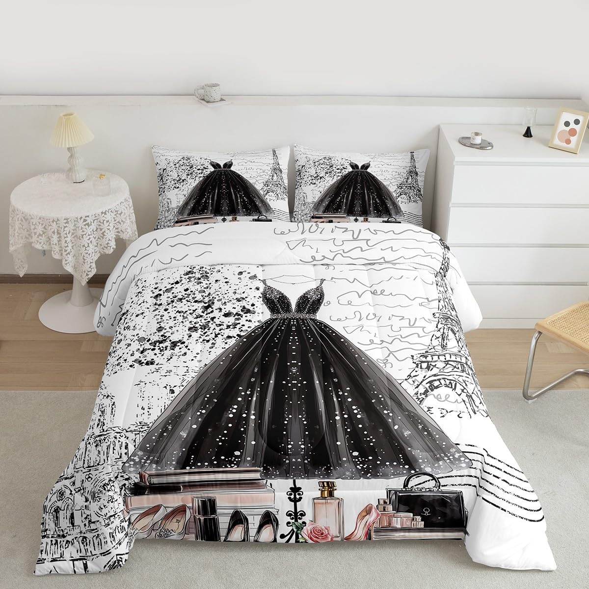 Erosebridal Fashion Girly Dress Comforter King Size Black White Eiffel Tower Paris Bed Sets Perfume Modern Girls Women Bedding Set Romantic High Heels Makeup Duvet Insert,Luxury Soft