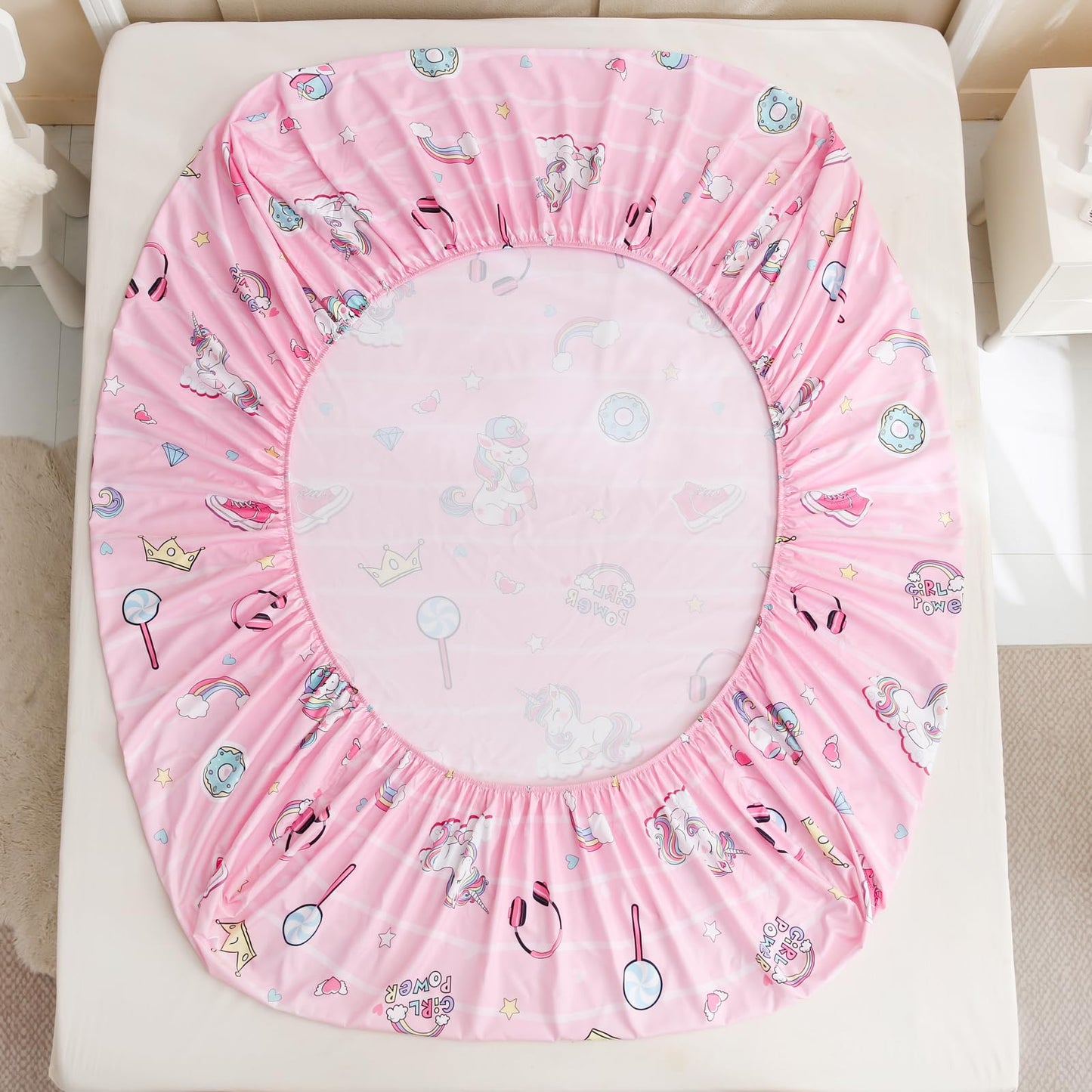 Ocharo Unicorn Twin Sheets Set Kids - 3 Pcs Girls Rainbow Printed Microfiber Bed Sheets,Pink Cartoon Style Deep Pocket Fitted Sheets,Soft Cute Sheets for Bedroom Room