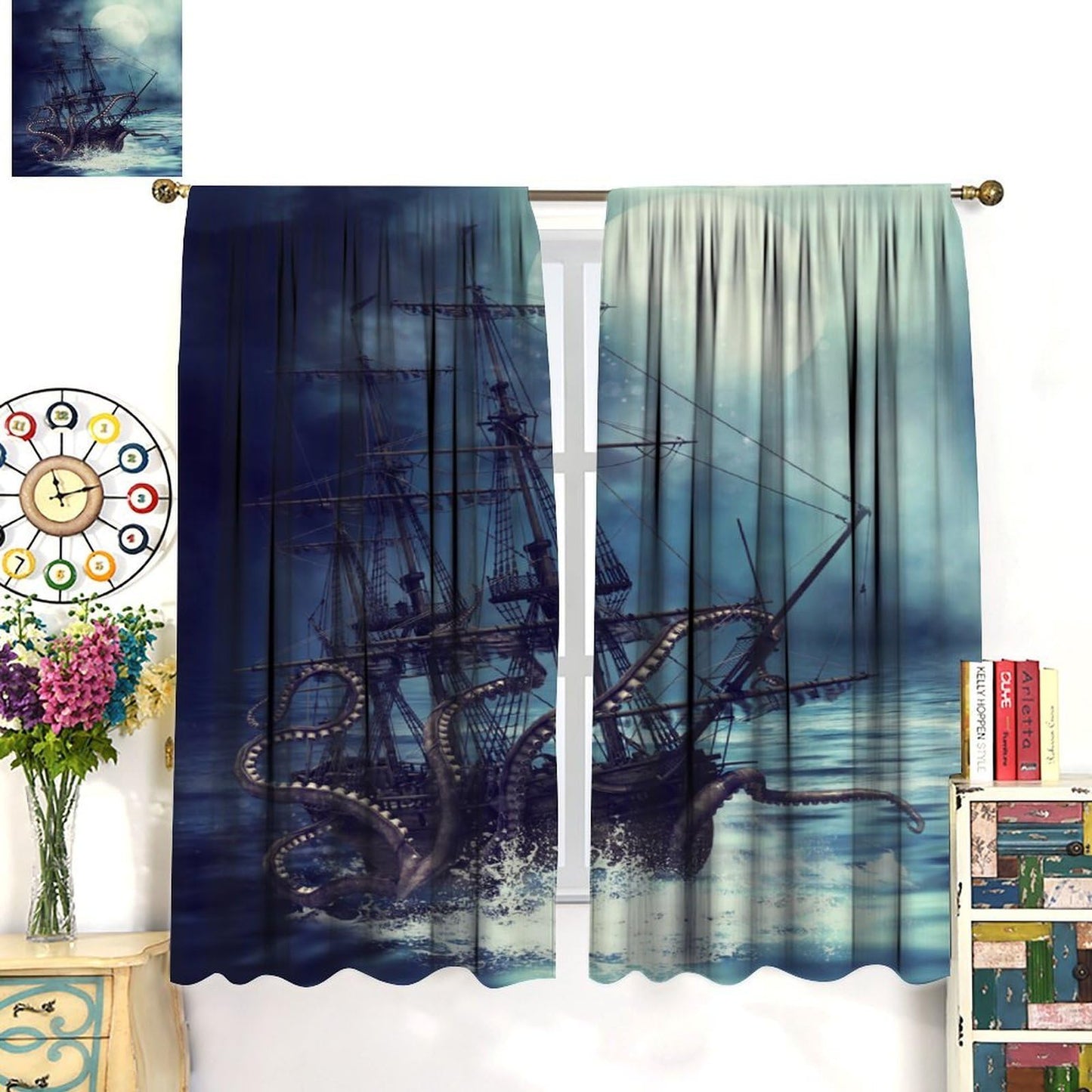 Navy Ocean Curtains, Nautical Sailing Ship Window Drapes for Bedroom Living Room Kitchen, Coastal Beach House Decor, Storm Octopus Theme, 20.5" W x 44.5" L, 2 Panels （No Blackout）