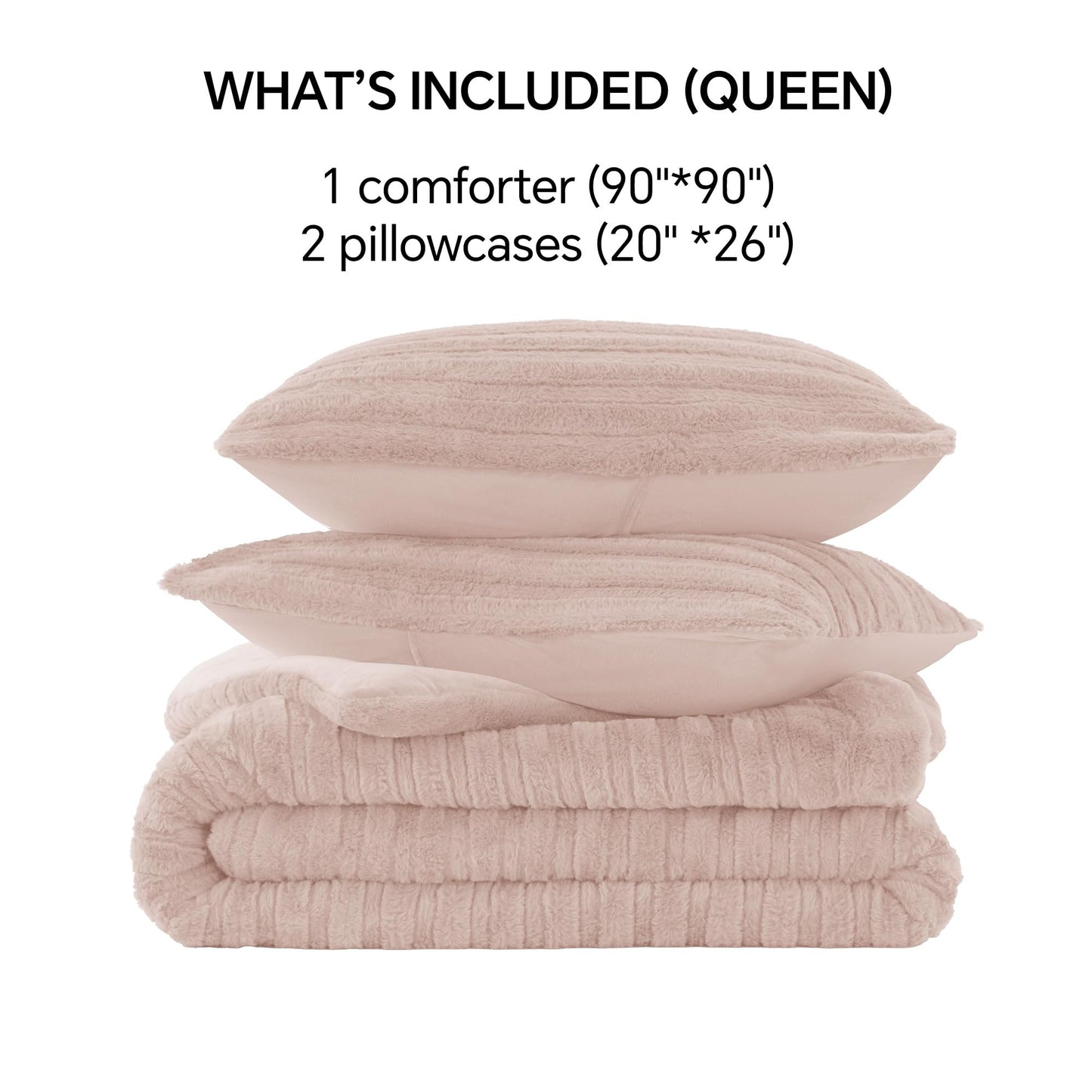 BEDELITE Fleece Queen Comforter Set -Super Soft & Warm Fluffy Pink Faux Fur Bedding, Luxury Fuzzy Heavy Bed Set for Winter with 2 Pillow Cases