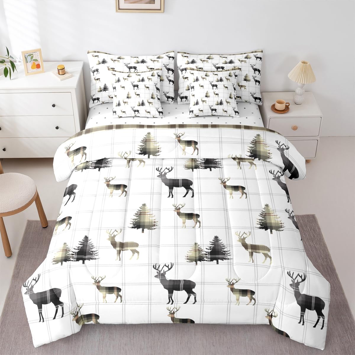 jejeloiu Cute Deer Comforter Set with Sheets 7 Piece Twin Size Antlers Bed in a Bag Kids Boys Girls Pine Tree Bedding Set Bedroom Decor Breathable Soft Lightweight Microfiber