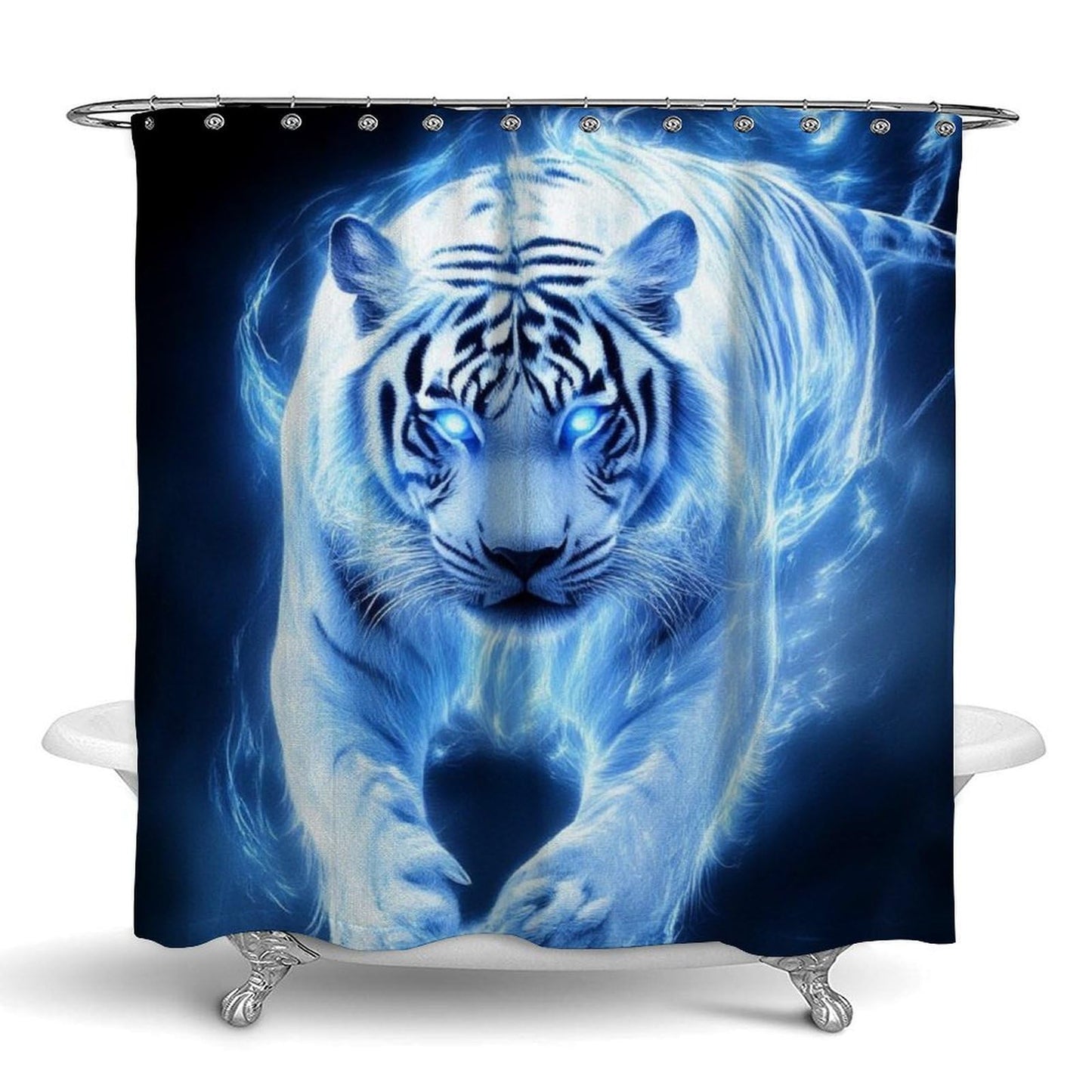 Fashion Hotel Bathroom Decorative Shower Curtain with Hooks, Blue Ice Fire Tiger Art Waterproof Lightweight Shower Curtain