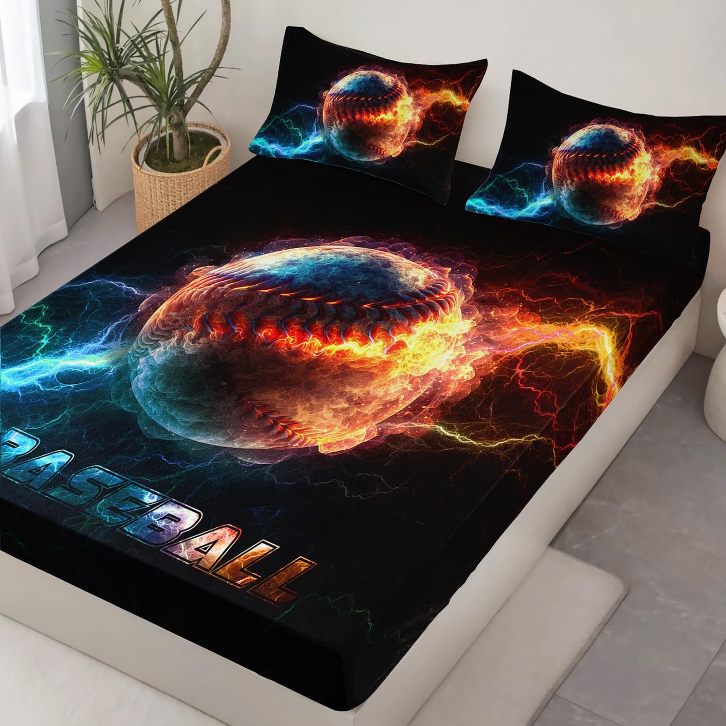 HOSIMA Baseball Fitted Sheet for Boys Girls Teens,Flame Lightning Twin Bedding Sets Sports Themed Bedroom Decor,Soft Microfiber Black Fitted Sheet with 2 Pillowcases.