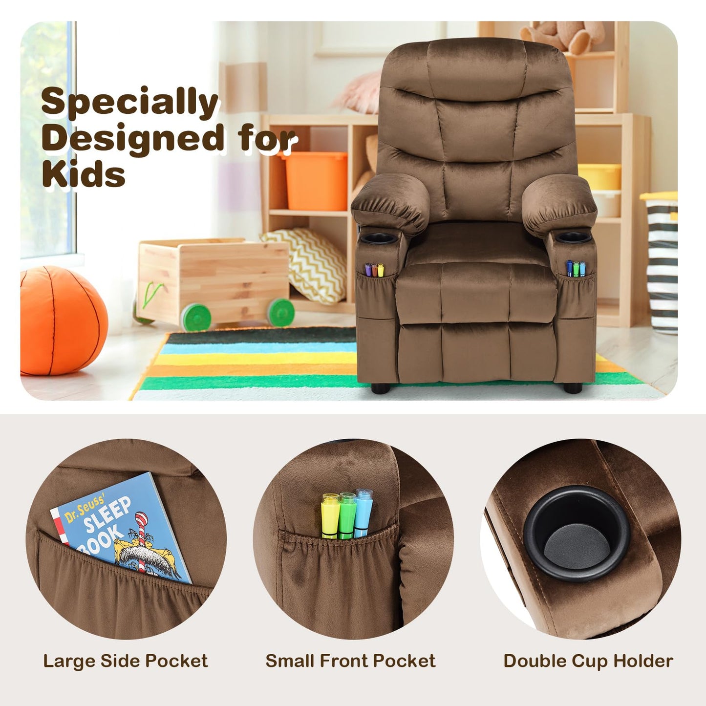 CHEFJOY Kids Recliner, Kids Recliner Chair w/ 2 Cup Holders, Velvet Fabric Chairs Comfy w/Adjustable Backrest & 3 Pockets, Toddler Furniture Sofa for Boys Girls Aged 3+