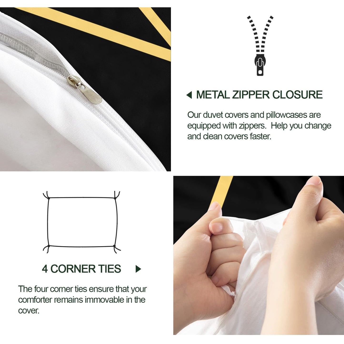 ZAOMIR Geometric Duvet Cover Twin Size, Abstract Modern Geometric Stripes Bedding Set 3 Piece, Black Gold Geometry Lines Patterned Comforter Cover with Zipper Soft Microfiber, 2 Pillowcases