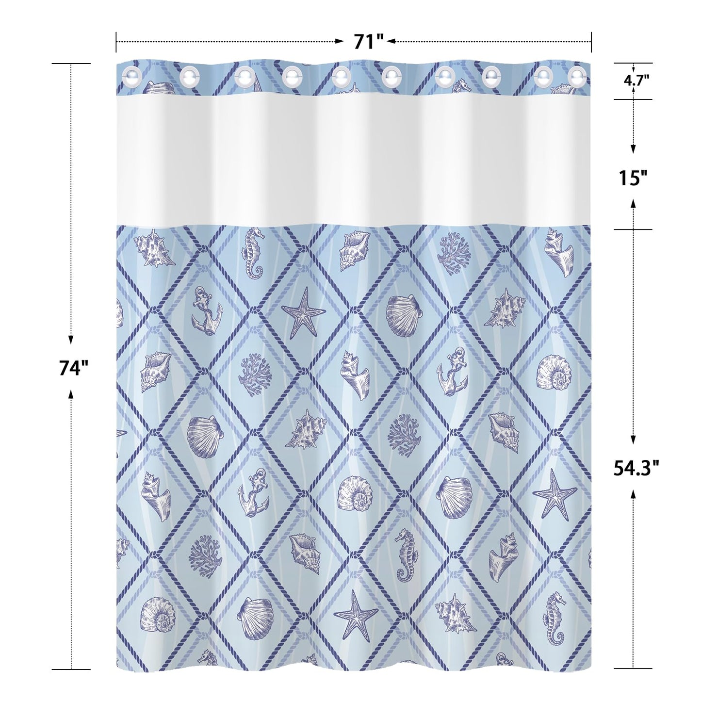 Xiazhilaio No Hook Ocean Shower Curtain with Snap in Liner 71W x 74H
