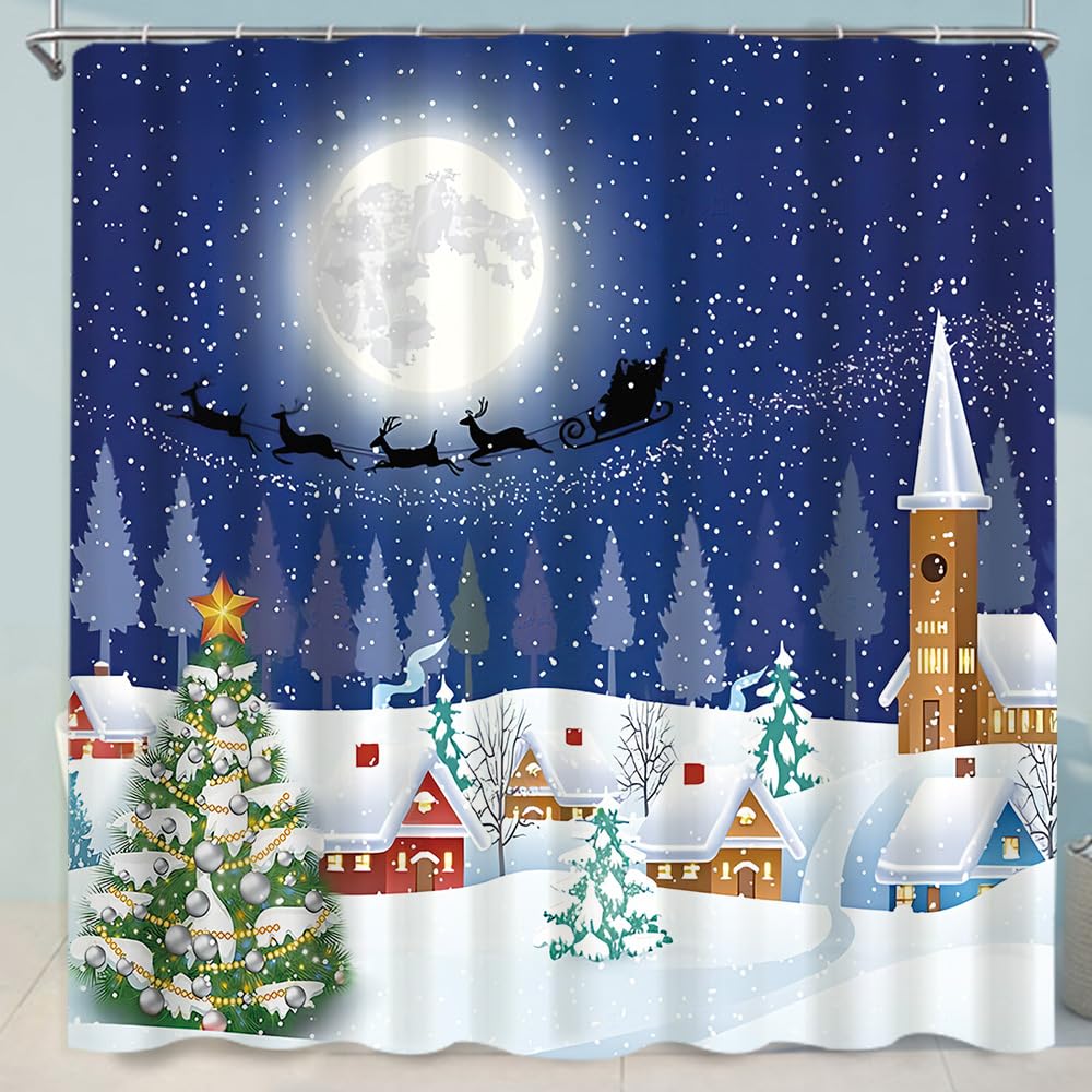 Czrqvyx 4PCS Christmas Holiday Winter Snowman Xmas Tree Santa Shower Curtain Blue Fabric Pine Moon Stars Snow Shower Curtain Christmas Bathroom Decor Curtain, 72Wx72H
