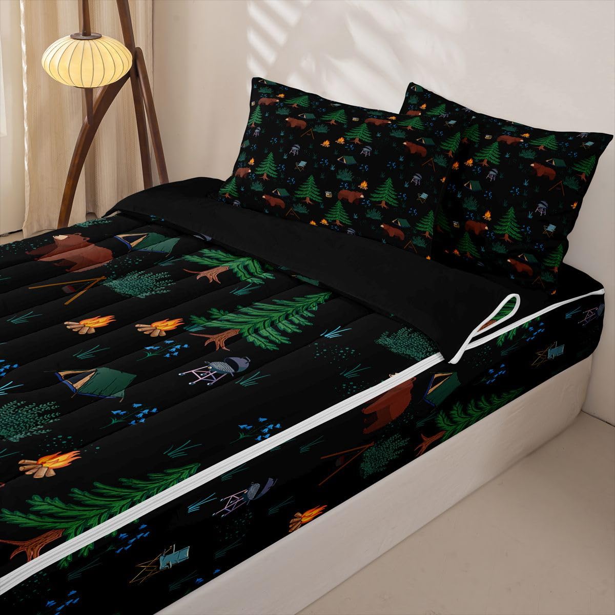 Erosebridal Hunting Bear Twin Zipper Bedding Happy Camping Comforter Set with Fitted Sheet Kids Camper Theme 3 Pcs Bed in a Bag Set Wild Animals Pine Tree Woodland Zip Up Bedding Sets