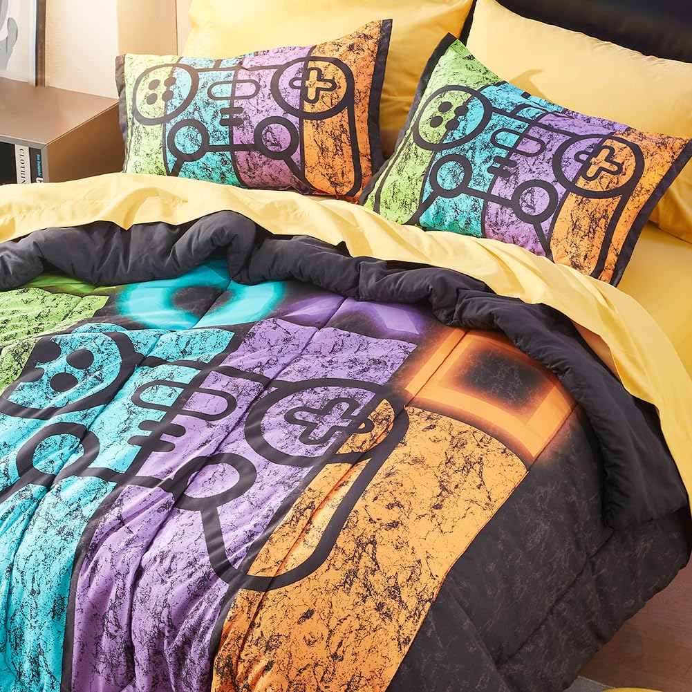 SLEEP ZONE Kids Twin Bedding Comforter Set - Bed in a Bag Super Cute Game Bedding Set for Boys, Girls, Teens - 5 Pieces Set with Comforter, Sheet, Pillowcase & Sham (Game Night)