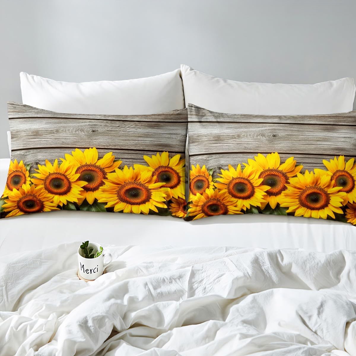 Feelyou Sunflower Duvet Cover Botanical Floral Printed Bedding Set for Kids Women Adults Yellow Blossom Comforter Cover Wooden Scenes Bedspread Cover Bedroom Collection 3Pcs King Size