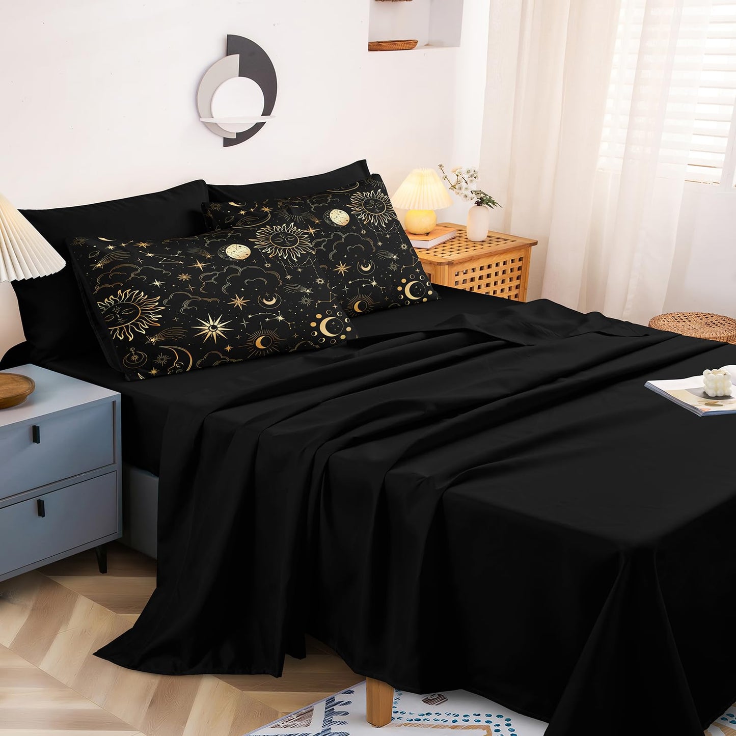 Bedding_Dreamer Black and Gold Queen Bed in a Bag Sun and Moon Bedding Set Mysterious Space Home Decor Galaxy Down Comforter Black Sheet Sets 8 Pcs Soft Microfiber for Kids Adults