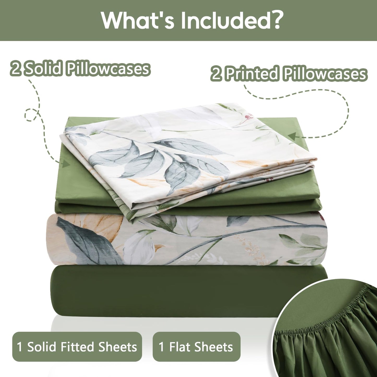 LONAVA Botaincal King Size 6 Pcs Sheet Set, Breathable Microfiber Deep Pocket Forest Green Fitted Sheets, Comfy & Breathable Patterned Flat Sheets,4 Gentle Soft Pillowcases, Lavender