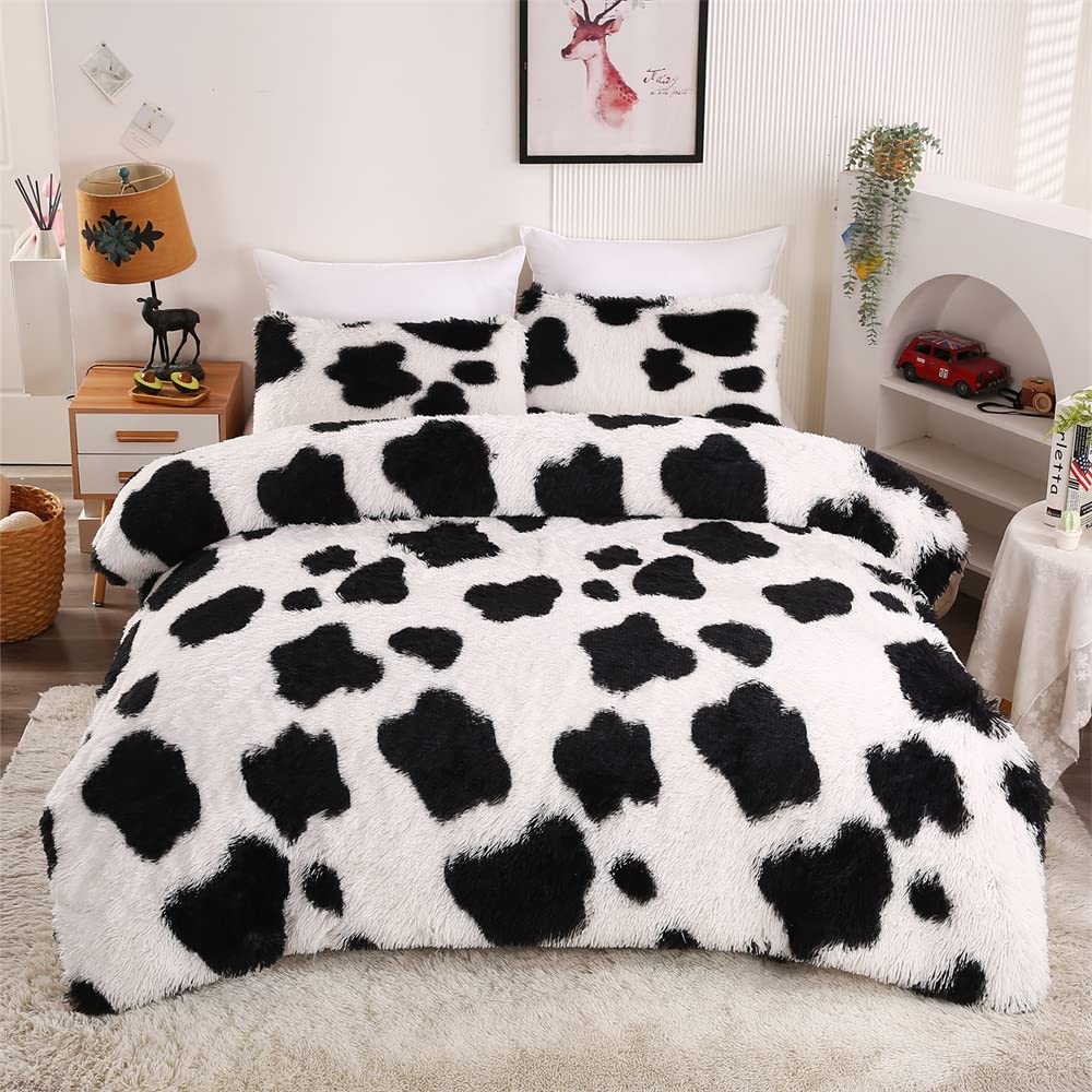 Roscloud Faux Fur Kids Girls Cow Print Comforter Sets Twin/Full - 3PC Bed Set Warm Comfortable Soft Plush Flannel Velvet Fluffy Fuzzy Bedding（Comforter x 1 Pillowcases x 2）