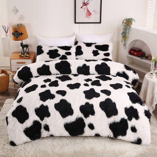 Roscloud Faux Fur Kids Girls Cow Print Comforter Sets Twin/Full - 3PC Bed Set Warm Comfortable Soft Plush Flannel Velvet Fluffy Fuzzy Bedding（Comforter x 1 Pillowcases x 2）