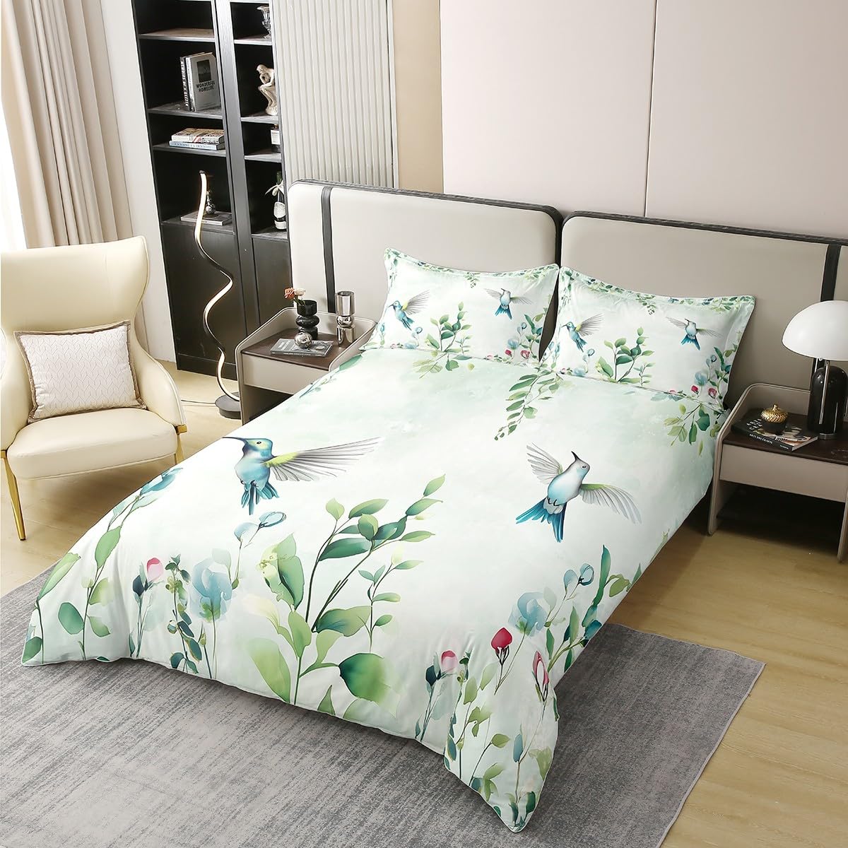 Erosebridal Turquoise Hummingbird Full Bedding Set, Abstract Grass Green Leaf 100% Cotton Duvet Cover for Kids Adults, Boho Mint Green Comforter Cover, Watercolor Botanical Aesthetic Bedclothes