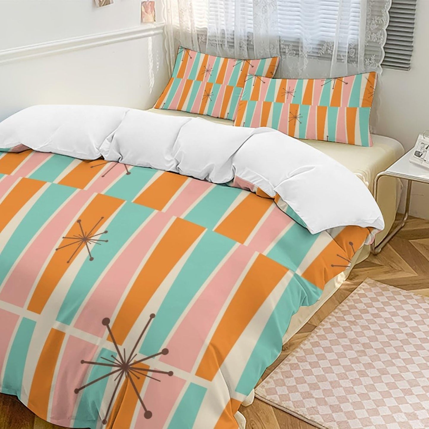 Modern Mid Century Duvet Cover Queen Retro Atomic Bedding Set, Rainbow Grid Comforter Cover Vintage Fifties 1950s Bed Set，Abstract Art Bedding 3 Piece (1 Duvet Cover 86"x70" + 2 Pillow Sham 20"x30")