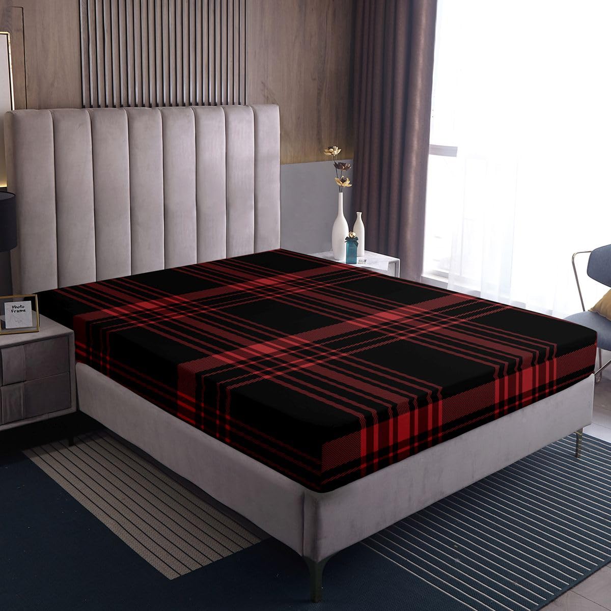 jejeloiu Classic Red Black Plaid Fitted Sheet with 1 Pillowcase Twin Size Checkerboard Bed Sheets Set 16" Deep Pocket Boys Girls Farmhouse Bedding Aesthetic Grid Teens Bedroom Decor Breathable
