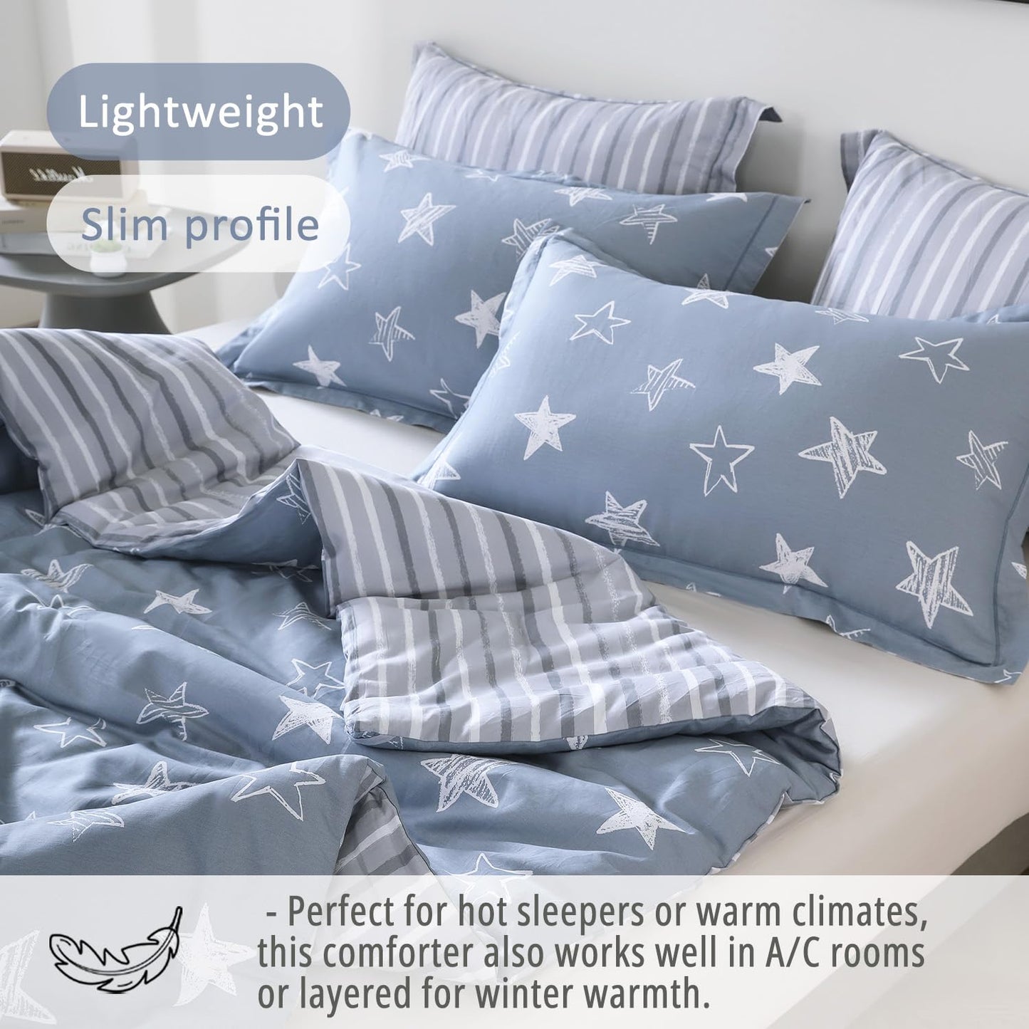 LEMIROE Blue Cotton Comforter King Size 3Pcs - White Doodle Style Stars on Denim Blue Front, Gray Stripes on Back, Reversible Lightweight Bedding Sets with Soft Fill(King, 104"×90")