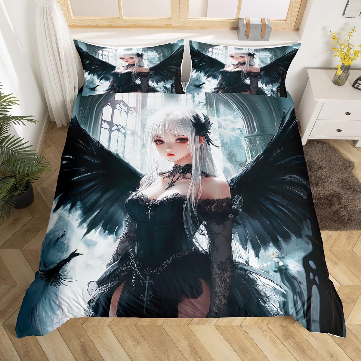 Erosebridal Anime Girl Duvet Cover Full Size, Kawaii Japanese Anime Bedding Set for Kids Boys Teens Adult, Cartoon Girl Comforter Cover Japan Animation Bedroom, Machine Washable, Black White