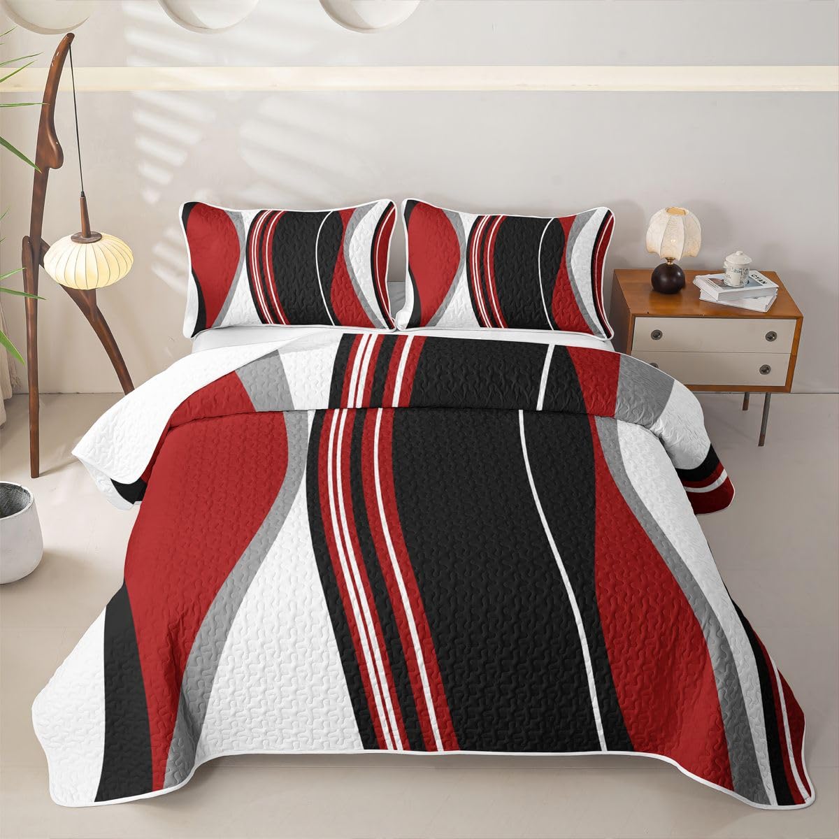 Erosebridal Red and Black Striped Quilt Twin Grey Modern Abstract Quilt Set Geometric Stripes Lines Quilted Bedspread with 1 PillowcaseContemporary Art Boho Coverlet