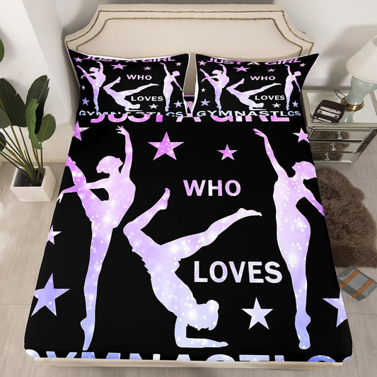 Gymnastics Fitted Sheet Girls Gymnastics Lovers Bed Sheet Set for Daughter Girls Kids Gymnast Sports Decor Bedding Set Purple Glitter Bed Cover Bedroom (No Flat Sheet) Twin Size