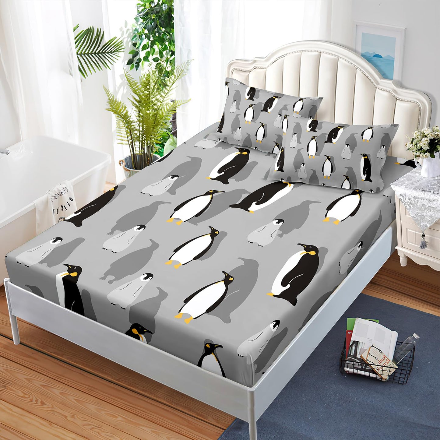 XYNHML Cartoon Penguin Fitted Sheet 3Pcs Twin Antarctic Wild Animal Bedding Set for Kid Teen Girl Boy Adult Grey White Black Safari Penguin Sheet Decor with 1 Fitted Sheet+2 Pillowcases No Flat Sheet