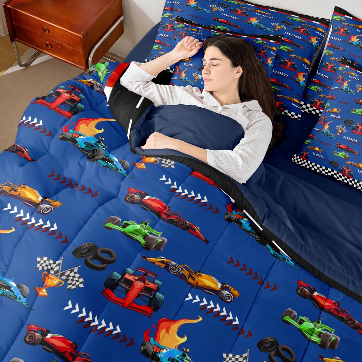 jejeloiu Blue Race Car Twin Comforter Set with Sheets for Kids Boys Girls Speed Sports Car 7 Pieces Bedding Set Extreme Sports Bed in a Bag Room Decor Soft Lightweight Microfiber