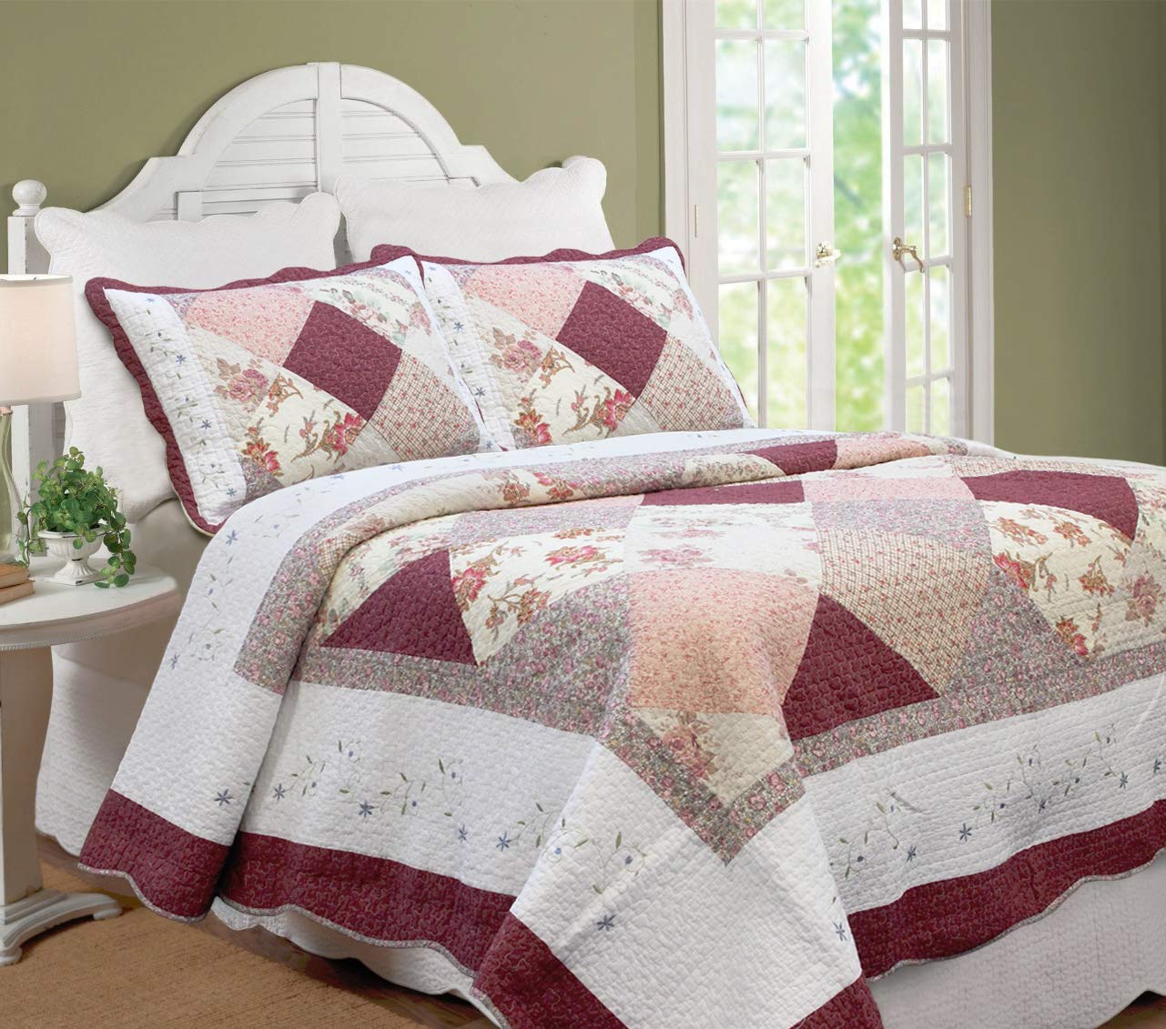 Cozy Line Home Fashions Floral Real Patchwork Burgundy Red Coral Pink Scalloped Edge Country 100% Cotton Quilt Bedding Set, Reversible Coverlet Bedspread (Georgia, Queen - 3 Piece)